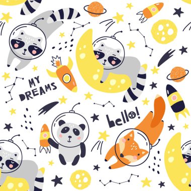 Sevimli tilki astronot, rakun, panda, gezegenler, yıldızlar ve kuyruklu yıldızlar ile dikişsiz desen. Çocuklar için Uzay Arka Plan. Uzaydaki Hayvanlar Vektör