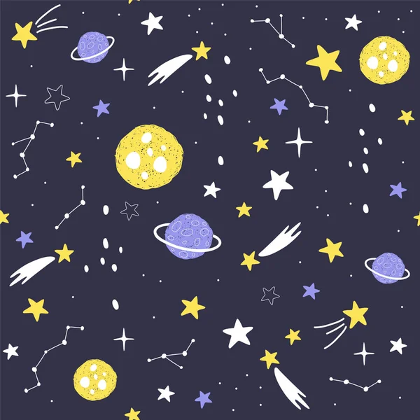 Padrão sem costura com planetas de desenhos animados, estrelas e cometas. Fundo Espacial para Crianças. Vetor —  Vetores de Stock