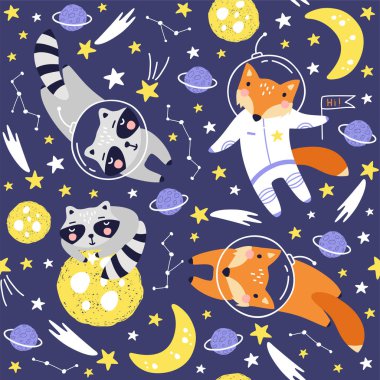 Sevimli tilki astronot, rakun, gezegenler, yıldızlar ve kuyruklu yıldızlar ile dikişsiz desen. Çocuklar için Uzay Arka Plan. Uzaydaki Hayvanlar Vektör