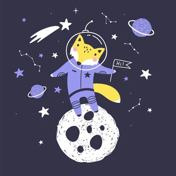 Niedliche Karte mit Fuchs Astronaut, Planeten, Sternen und Kometen. Weltraum-Hintergrund für Kinder. kann für Typografie-Poster, Karten, Flyer, Banner, Babybekleidung verwendet werden. Vektor — Stockvektor