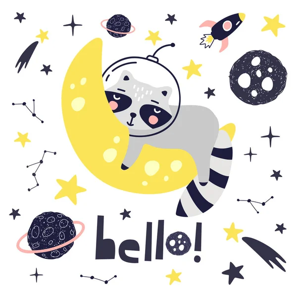 Cartão bonito com astronauta guaxinim, planetas, estrelas e cometas. Fundo Espacial para Crianças. Pode ser usado para cartazes de tipografia, cartões, folhetos, banners, baby wears. Vetor —  Vetores de Stock