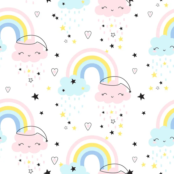 Patrón sin costuras con arco iris lindo y nubes. Antecedentes. Vector — Vector de stock