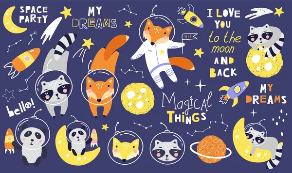 Establezca animales espaciales con zorro, mapaches astronautas, planetas, estrellas, cometas y frases. Vector — Vector de stock