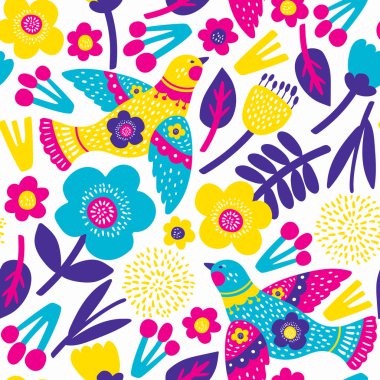 Çiçekler ve kuşlarla kusursuz bir desen. Vektör