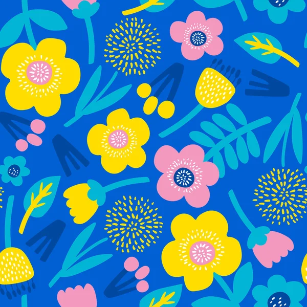 파란색 배경에 꽃과 원활한 패턴. 벡터 — 스톡 벡터