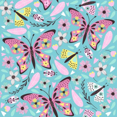Çiçeklerle sevimli kelebek deseni. Vektör 