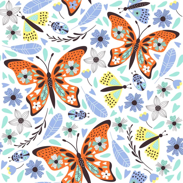 Çiçeklerle sevimli kelebek deseni. Vektör 