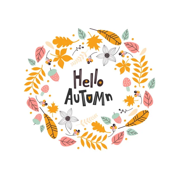 Hello autumn wreath. Card with leaves. Vector illustrations — Stock Vector