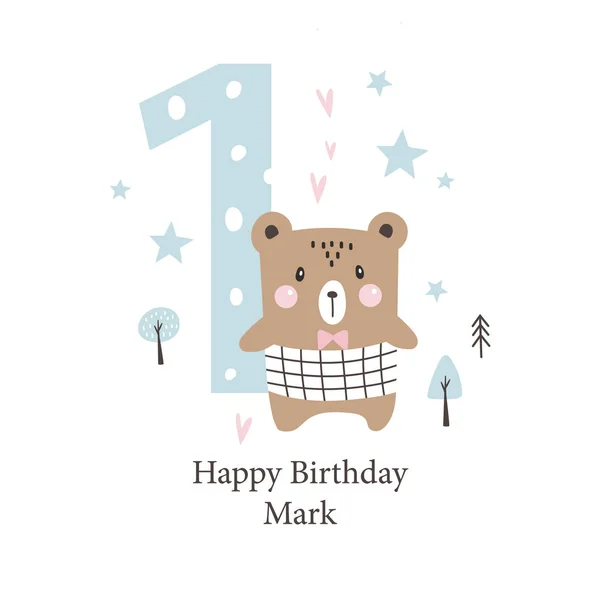 Second birthday greetings card with a cute bear. Kids party with — Stock Vector