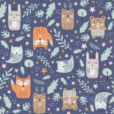 Sevimli orman hayvanları ile dikişsiz desen. Elle çizilmiş stil. Vektör