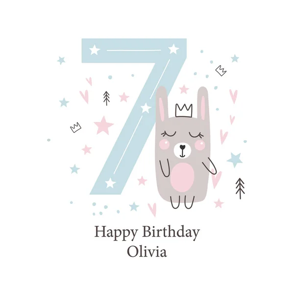 Seventh  birthday greetings card with a cute rabbit. Kids party — Stock Vector