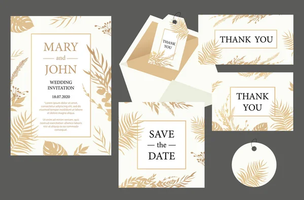 Set Carte vintage invitation de mariage avec des feuilles d'or. Vecteur — Image vectorielle