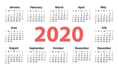 Takvim 2020 Pazar gününden itibaren. Vektör 