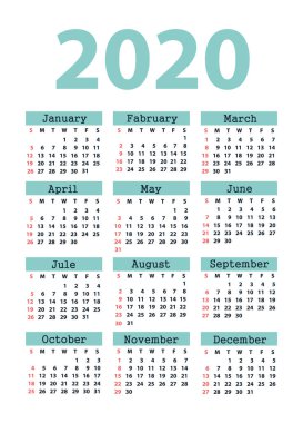 Takvim 2020 Pazar gününden itibaren. Vektör 