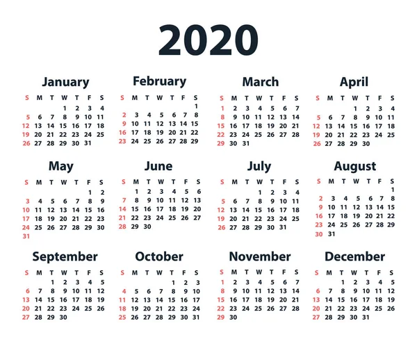 Kalender 2020 vanaf zondag. Vector — Stockvector