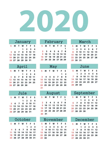 Kalendarz 2020 od niedzieli. Wektor — Wektor stockowy