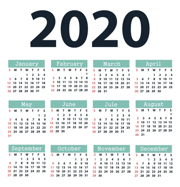 Kalender 2020 vanaf zondag. — Stockvector