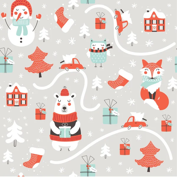 Christmas  seamless pattern with cute animals. Fox, bear and hand drawing elements. Vector — Stock Vector