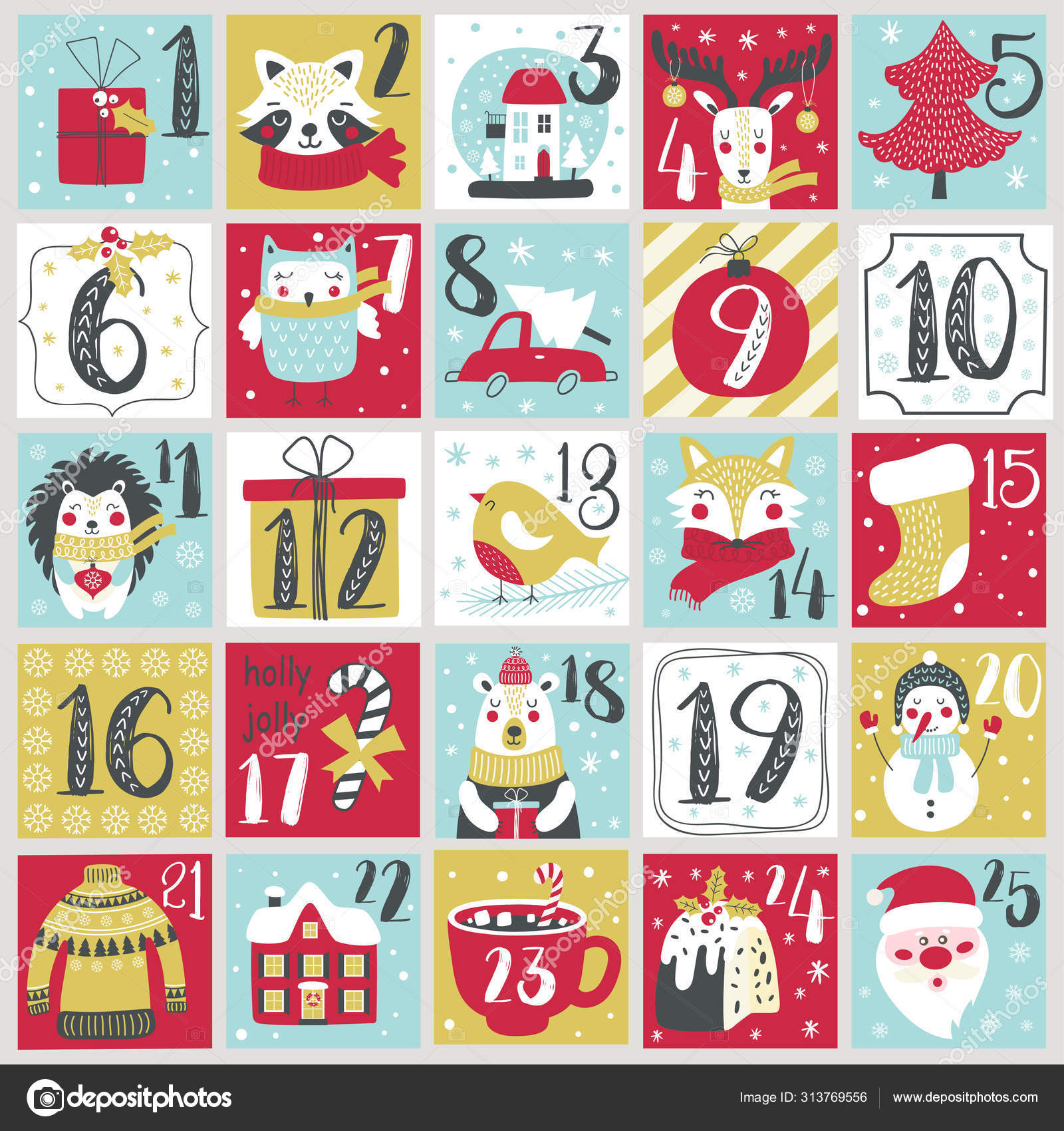 Christmas Advent calendar with hand drawn elements. Xmas Poster. Vector  Stock Vector by ©kate.she 313769556