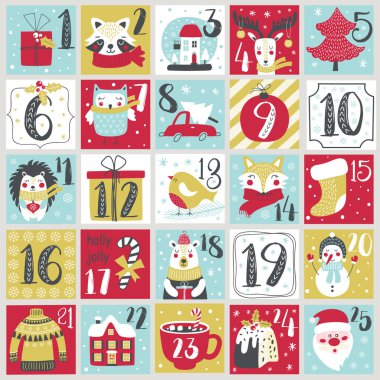 Elle çizilmiş Noel takvimi. Xmas Posteri. Vektör