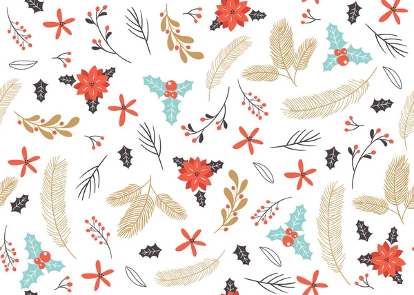 Patrón sin costuras con ramas dibujadas a mano, elementos florales y decorativos de invierno. Vector — Vector de stock