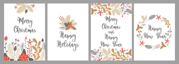 Feliz Natal e Feliz Ano Novo cartão conjunto com elementos de desenho da mão. Vetor — Vetor de Stock