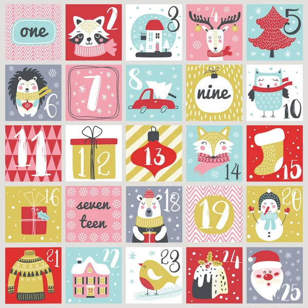 Рождественский календарь с нарисованными вручную элементами. Рождественский плакат. Вектор — стоковый вектор