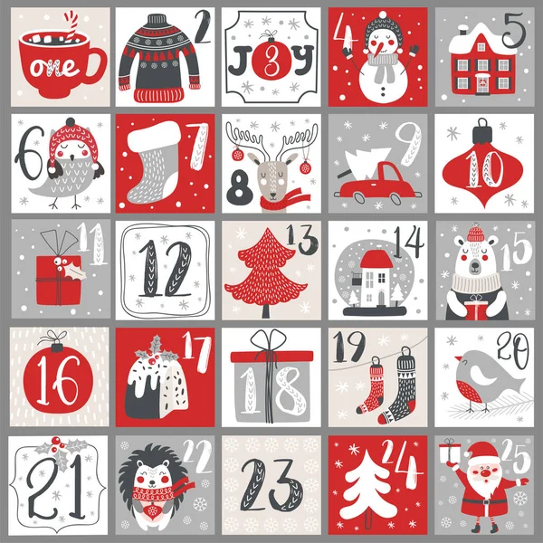 Calendario dell'Avvento di Natale con elementi disegnati a mano. Poster di Natale. Vettore — Vettoriale Stock