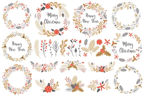 Set di ghirlanda disegnata a mano, rami e fiori invernali. Elementi decorativi per il vostro design. Vettore — Vettoriale Stock