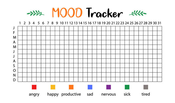 Mood tracker calendar. Year in pixels, Mood Planner, Feelings Tracker. Vector