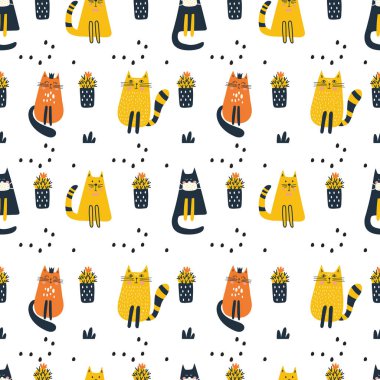 Şirin kediyle kusursuz desen. Çocuklar basar. Vektör illüstrasyonu.