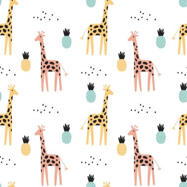 Zürafa ve ananasla tropik, pürüzsüz bir desen. Vektör illüstrasyonu