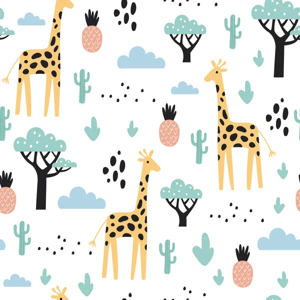 Tropisch Naadloos Patroon Met Giraffe Cactussen Ananas Vectorillustratie — Stockvector