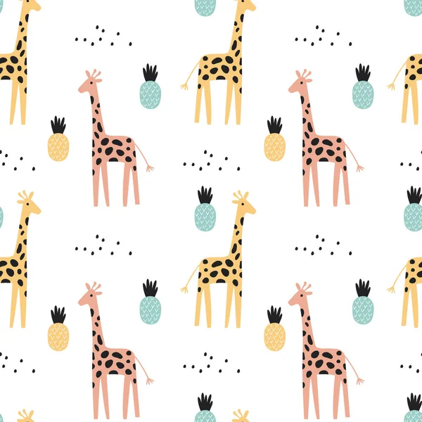 Tropisch Naadloos Patroon Met Giraffe Ananas Vectorillustratie — Stockvector