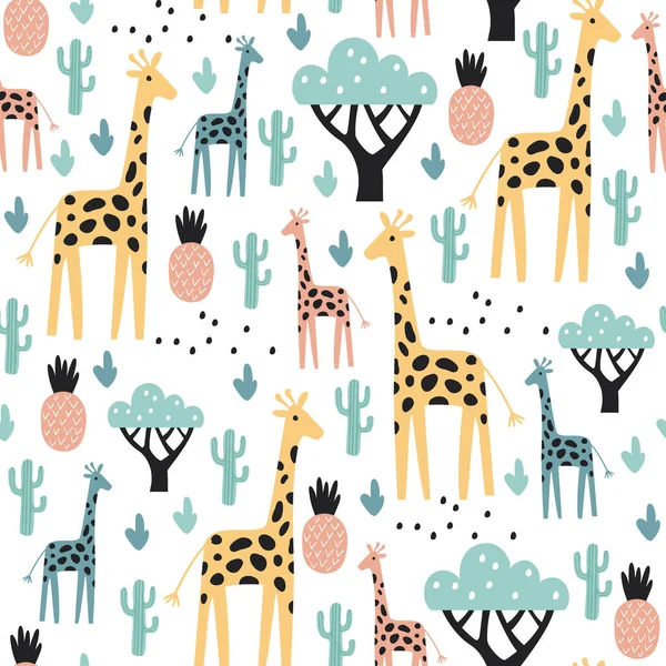 Tropikalny Bezszwowy Wzór Żyrafą Kaktusami Ananasem Ilustracja Wektora — Wektor stockowy