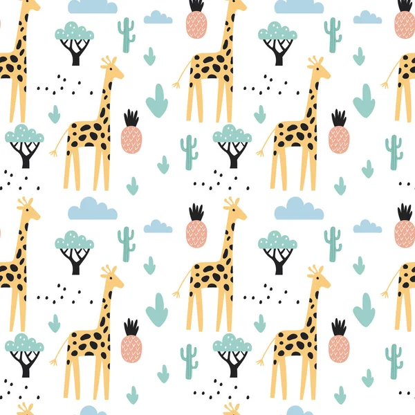 Padrão Tropical Sem Costura Com Girafa Cactos Abacaxi Ilustração Vetorial —  Vetores de Stock