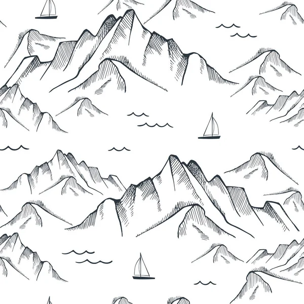 Seamless Pattern Mountain Sea Sailing Ships Hand Drawn Vector Illustration — Stock Vector