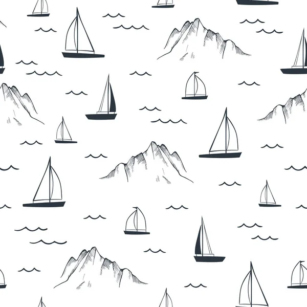 Seamless Pattern Mountain Sea Sailing Ships Hand Drawn Vector Illustration — Stock Vector