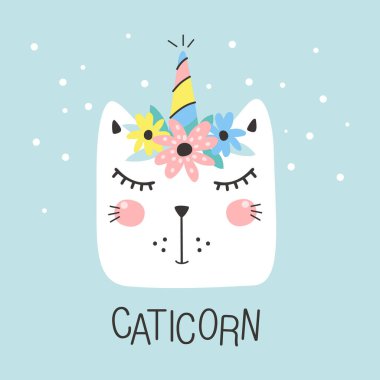 Çiçekli şirin bir Caticorn. Çocuklar basar. El boğma vektör çizimi