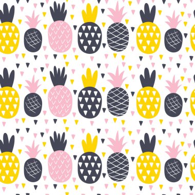 Beyaz arka planda ananas desenli kusursuz desen. Vektör illüstrasyonu