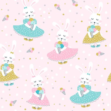 Dondurmalı sevimli bir tavşanla kusursuz bir desen. Vektör illüstrasyonları