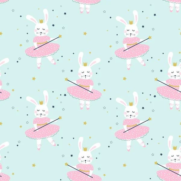 ウサギの女の子のバレリーナとシームレスなパターン 子供の指紋だ ベクターイラスト — ストックベクタ