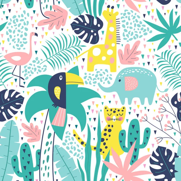 Tropikalny Bezszwowy Wzór Tukanem Flamingami Tygrysem Słoniem Żyrafą Kaktusami Egzotycznymi — Wektor stockowy