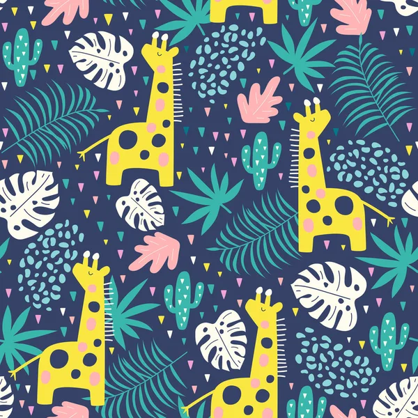 Patrón Tropical Sin Costuras Con Jirafa Cactus Hojas Exóticas Ilustración — Vector de stock