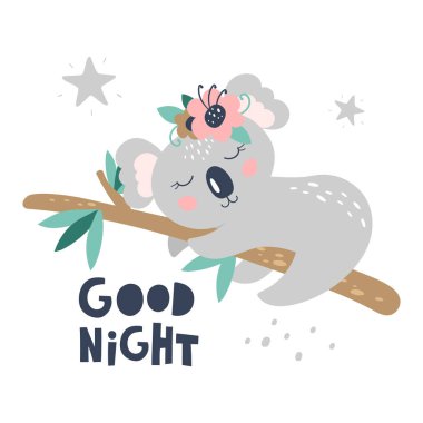 Beyaz arka planda şirin koalalı bir kart. Çocuklar basar. Vektör İllüstrasyonu