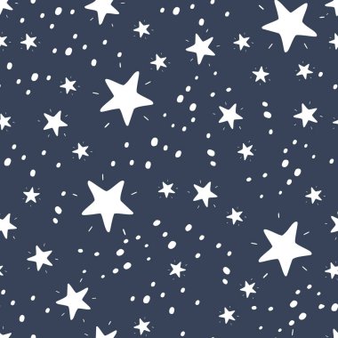Mavi arka planda yıldızlar olan kusursuz bir desen. Vektör Illustratio
