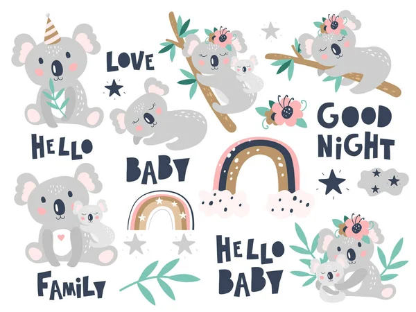 Set Con Koala Lindo Sobre Fondo Blanco Impresión Infantil Ilustración — Vector de stock