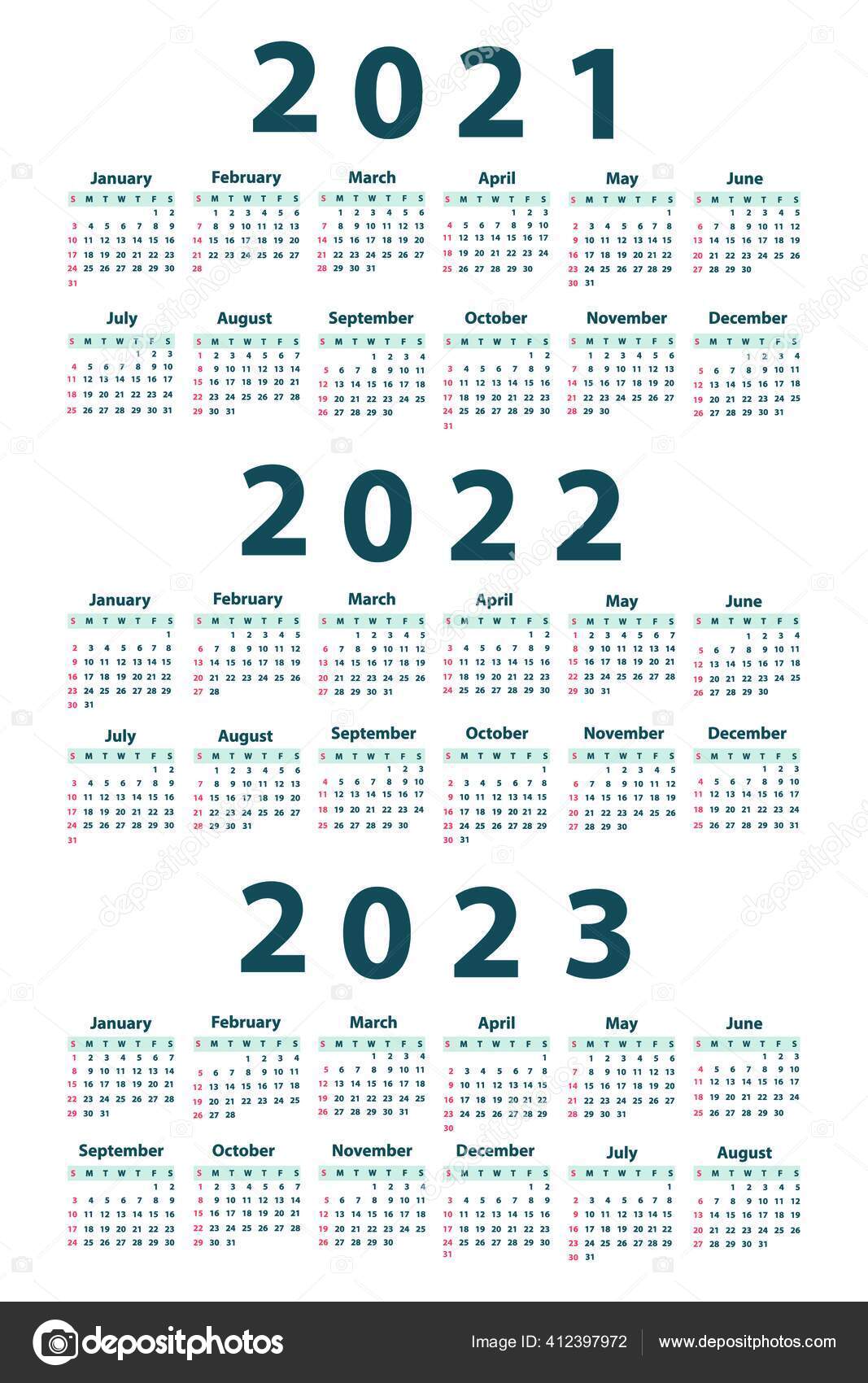 Calendrier Mx 2023 Calendar Set 2021 2022 2023 Starting Sunday Vector Illustration Stock  Vector Image By ©Kate.she #412397972