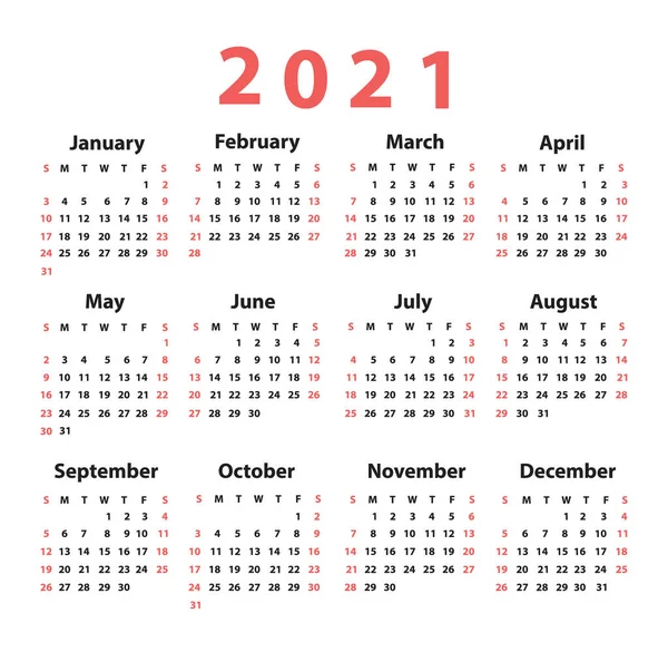 Calendario 2021 Partire Domenica Illustrazione Vettoriale — Vettoriale Stock