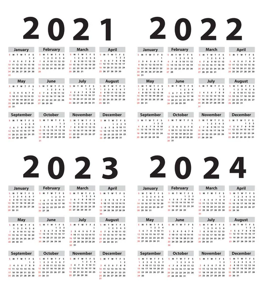 Calendar Set 2021 2022 2023 2024 Starting Sunday Vector Illustration — Stock Vector